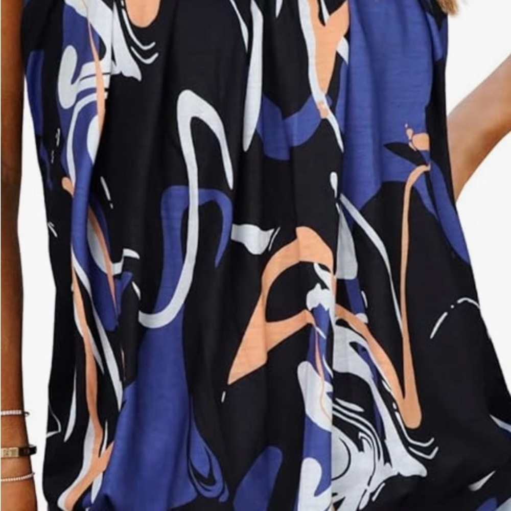 Black and Blue Sleeveless Graphic Blouse